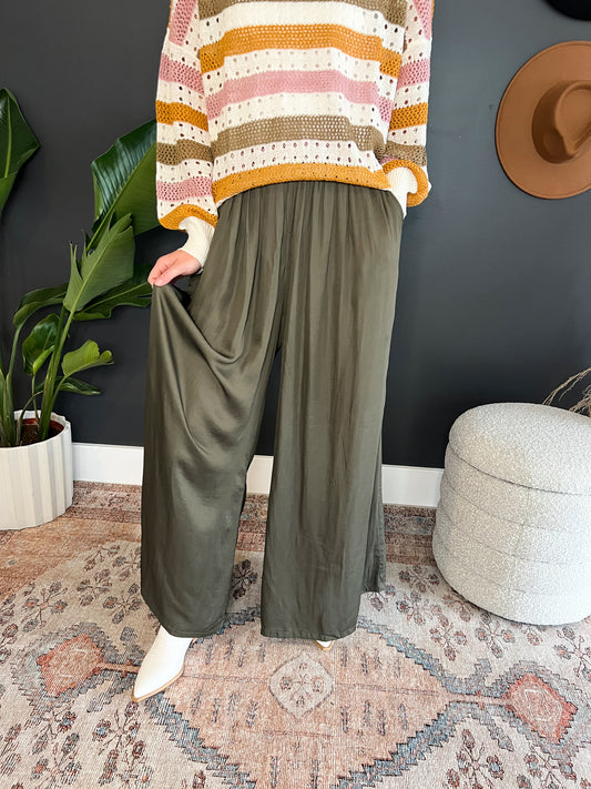 Dark Olive Satin Palazzo Pant FINAL SALE