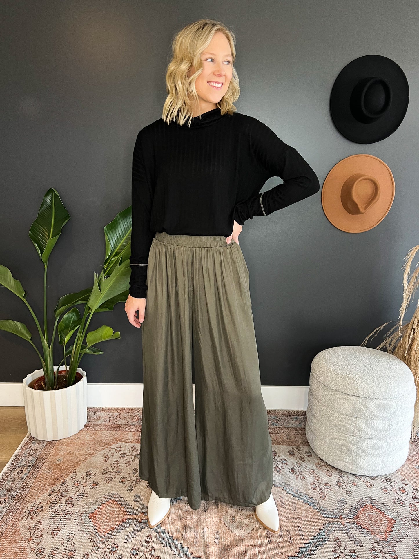 Dark Olive Satin Palazzo Pant FINAL SALE