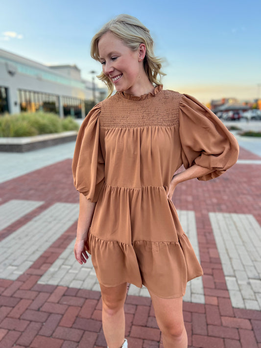 Mock Neck Tiered Camel Dress FINAL SALE