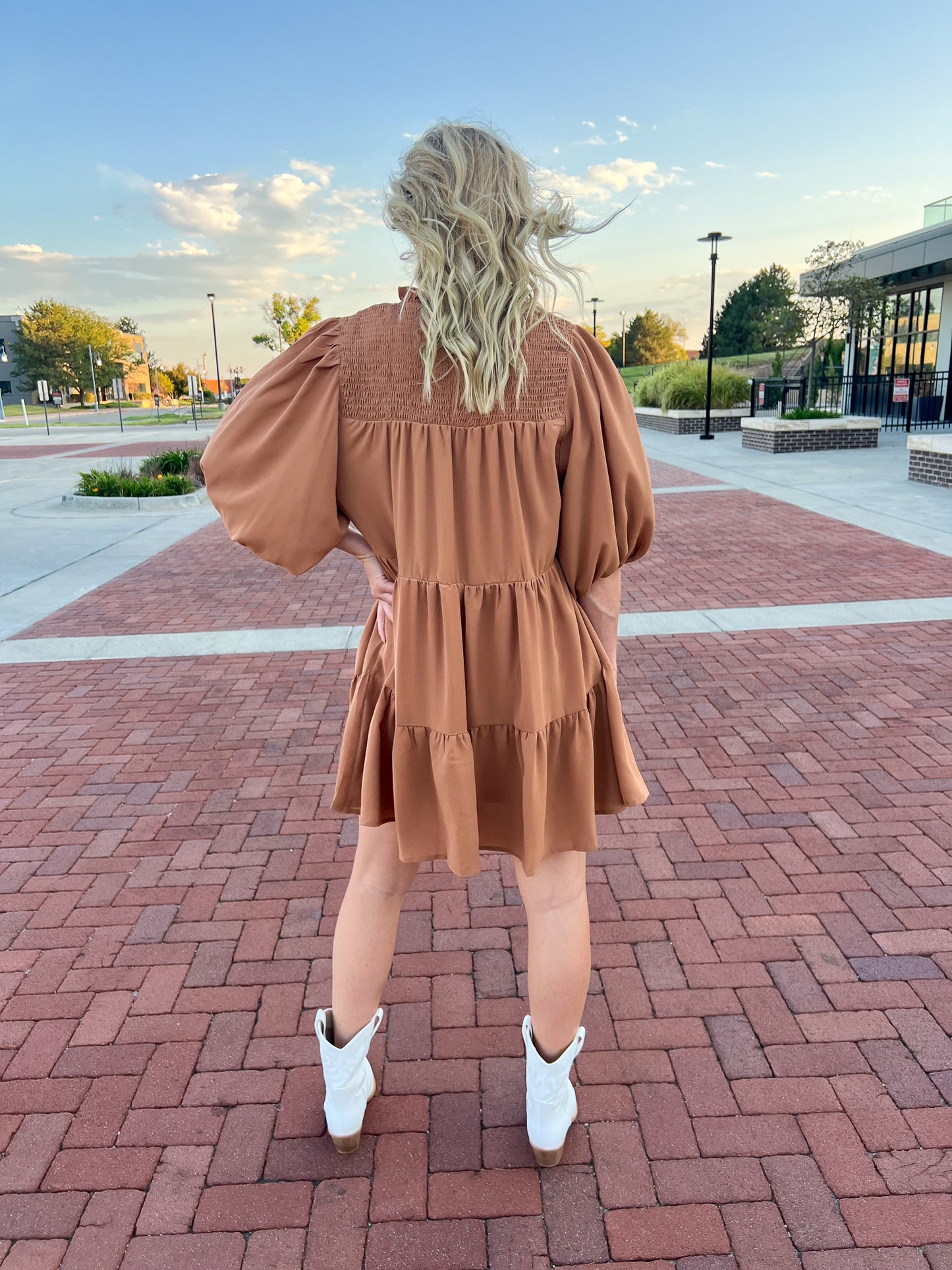 Mock Neck Tiered Camel Dress FINAL SALE