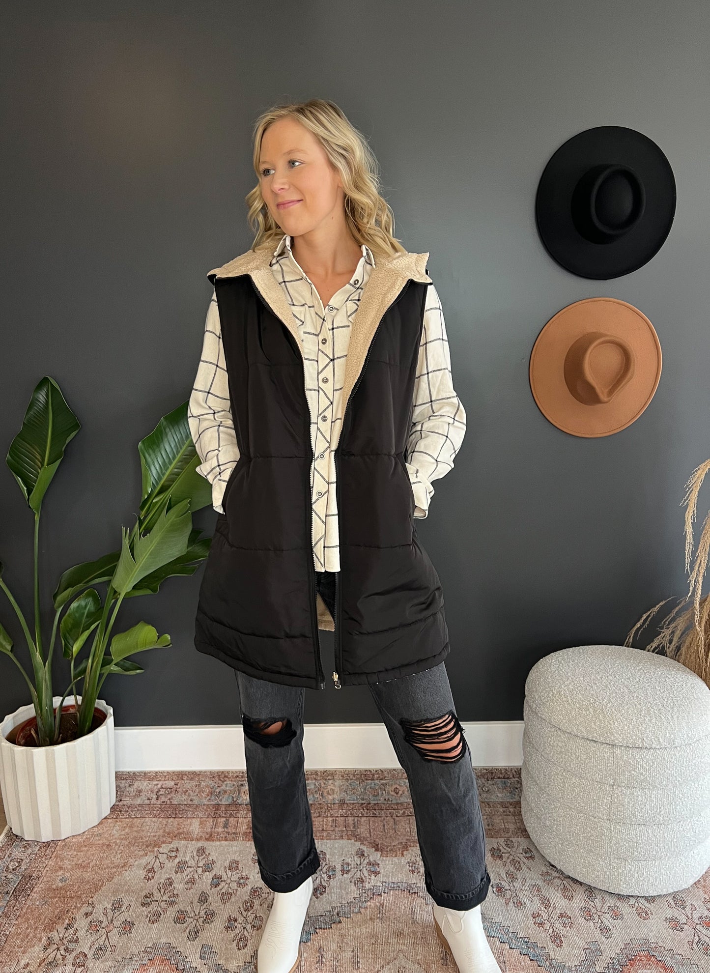 Reversible Sherpa Puffer Black Vest FINAL SALE